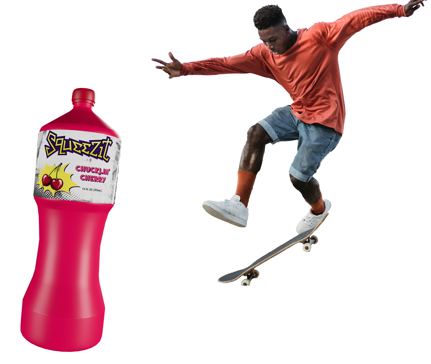 a skating guy and the pink bottle